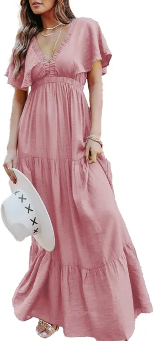 Amegoya Women's Casual Short Sleeve V Neck Floral Maxi Dresses Boho Beach Photoshoot Flowy Ruffle Long Dress
