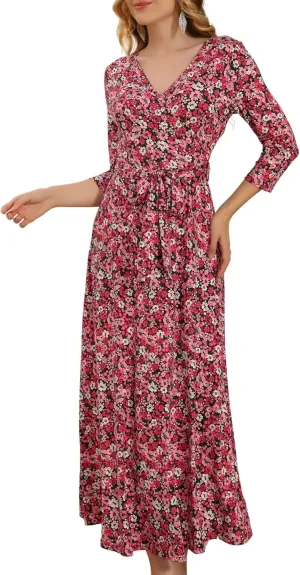 Aphratti Women's Maxi Dresses Summer 3/4 Sleeve V Neck Faux Wrap Flowy Spring Long Floral Maxi Dress