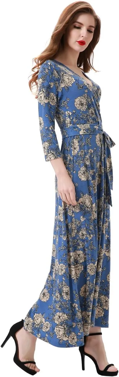Aphratti Women's Maxi Dresses Summer 3/4 Sleeve V Neck Faux Wrap Flowy Spring Long Floral Maxi Dress