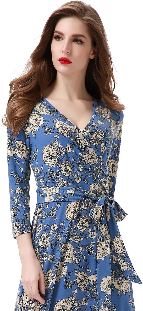 Aphratti Women's Maxi Dresses Summer 3/4 Sleeve V Neck Faux Wrap Flowy Spring Long Floral Maxi Dress