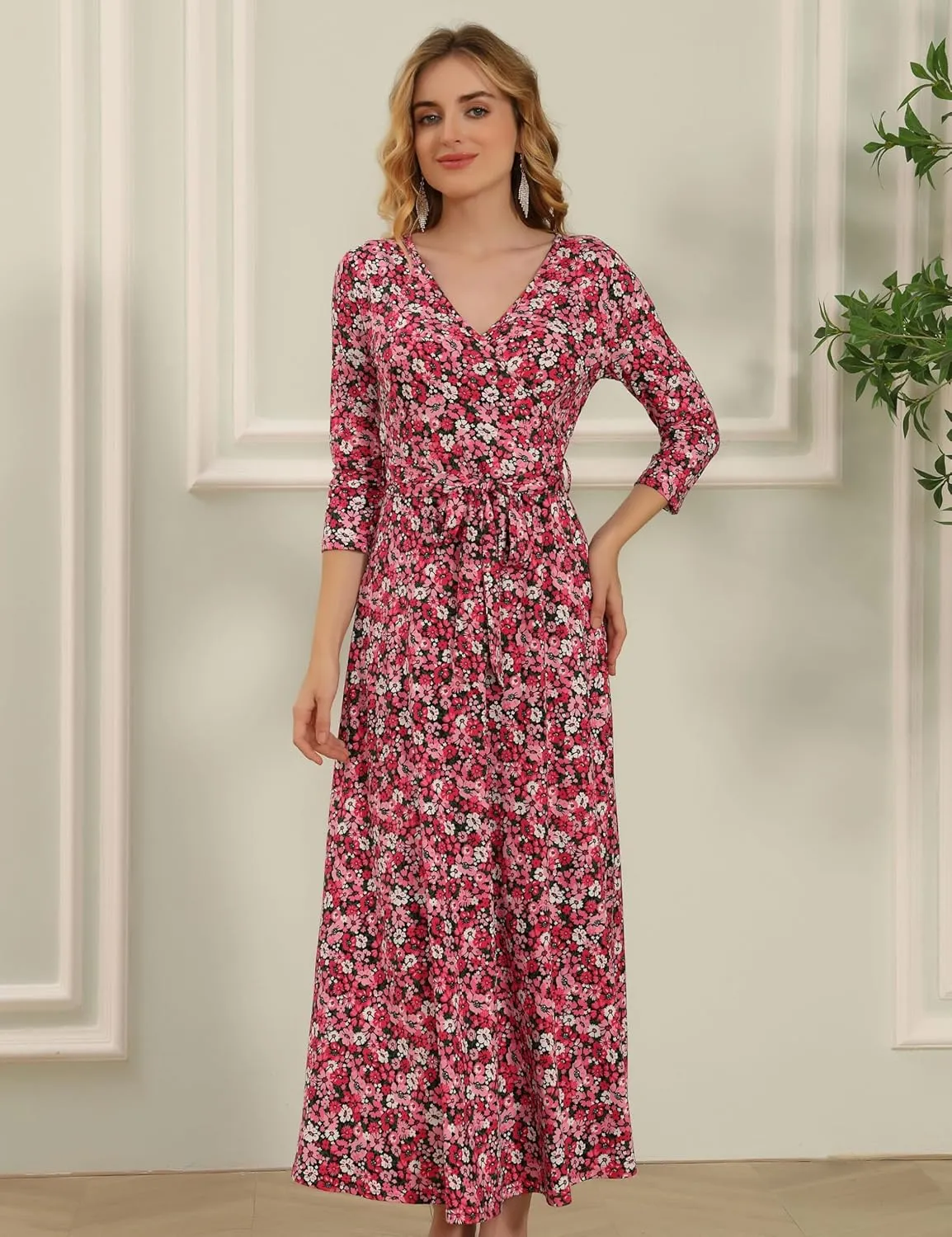 Aphratti Women's Maxi Dresses Summer 3/4 Sleeve V Neck Faux Wrap Flowy Spring Long Floral Maxi Dress