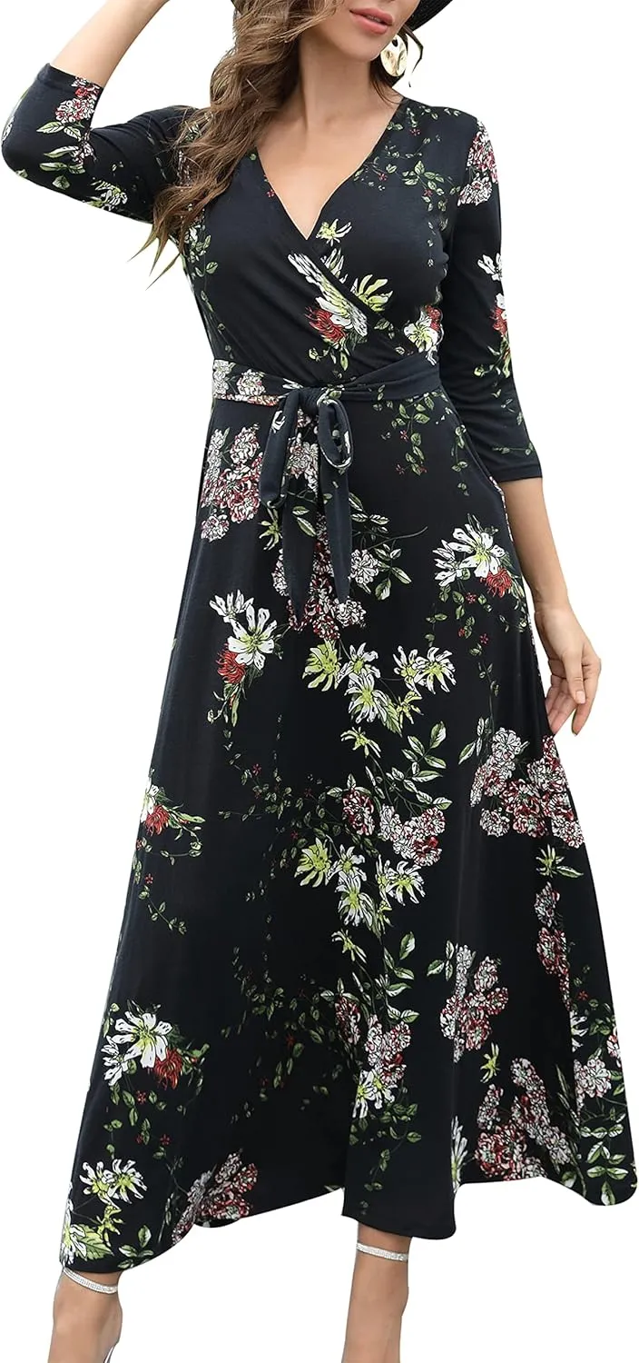 Aphratti Women's Maxi Dresses Summer 3/4 Sleeve V Neck Faux Wrap Flowy Spring Long Floral Maxi Dress