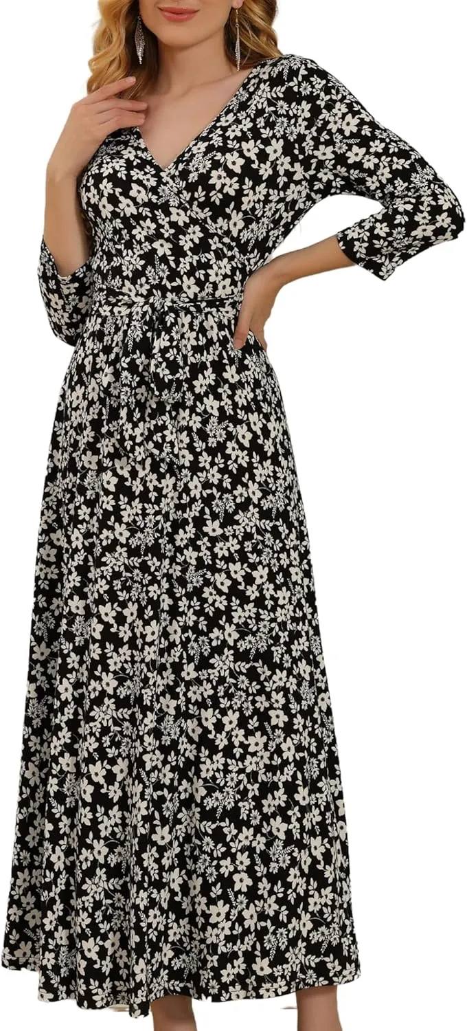 Aphratti Women's Maxi Dresses Summer 3/4 Sleeve V Neck Faux Wrap Flowy Spring Long Floral Maxi Dress