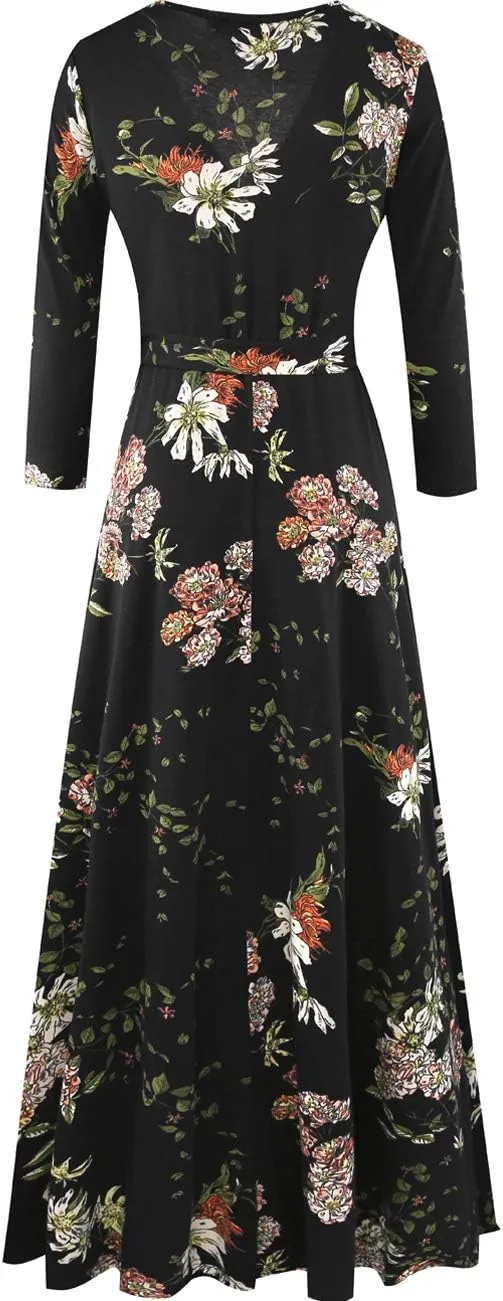 Aphratti Women's Maxi Dresses Summer 3/4 Sleeve V Neck Faux Wrap Flowy Spring Long Floral Maxi Dress