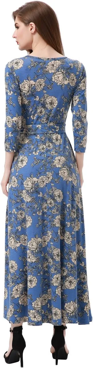 Aphratti Women's Maxi Dresses Summer 3/4 Sleeve V Neck Faux Wrap Flowy Spring Long Floral Maxi Dress