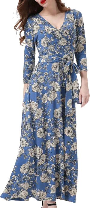 Aphratti Women's Maxi Dresses Summer 3/4 Sleeve V Neck Faux Wrap Flowy Spring Long Floral Maxi Dress