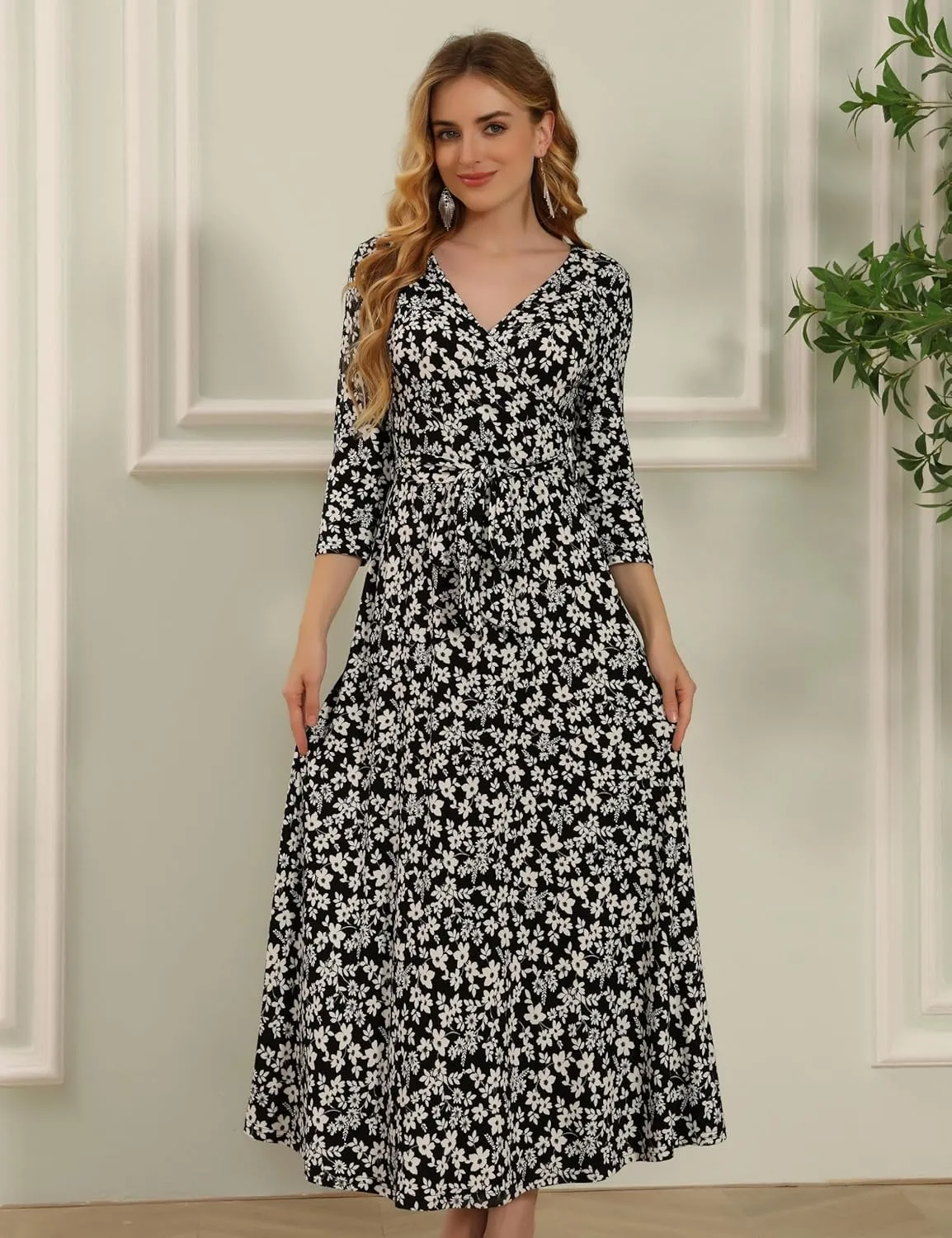 Aphratti Women's Maxi Dresses Summer 3/4 Sleeve V Neck Faux Wrap Flowy Spring Long Floral Maxi Dress