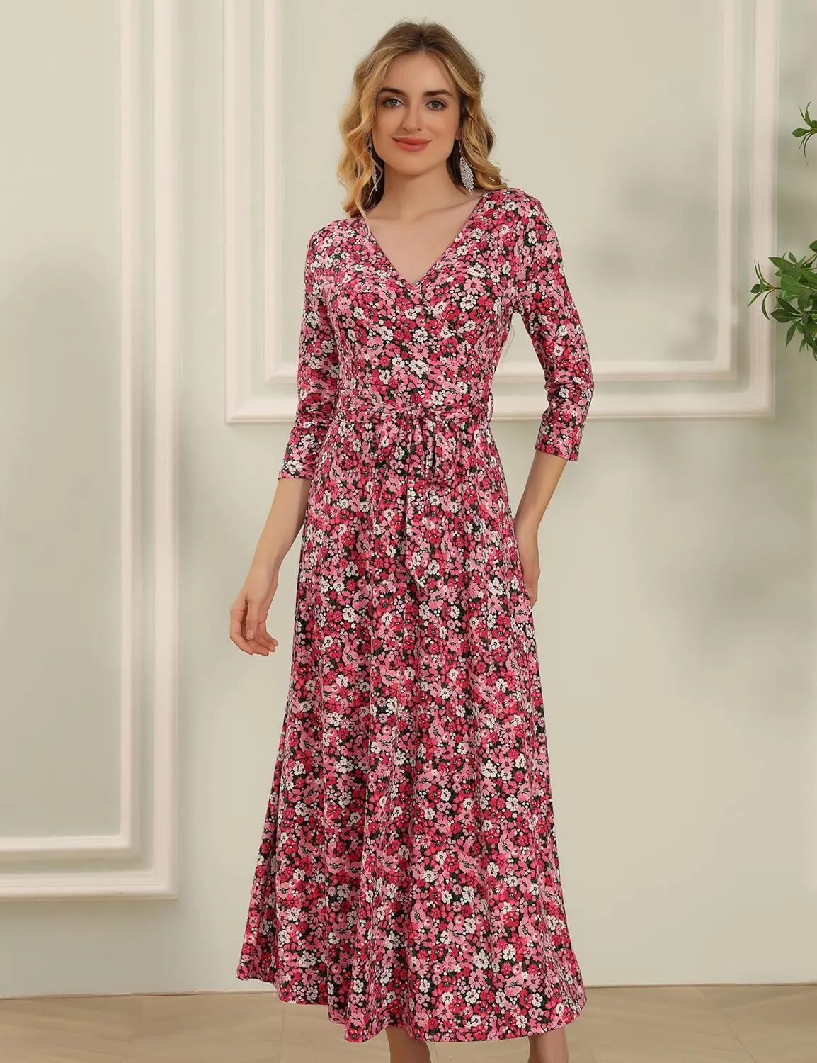 Aphratti Women's Maxi Dresses Summer 3/4 Sleeve V Neck Faux Wrap Flowy Spring Long Floral Maxi Dress