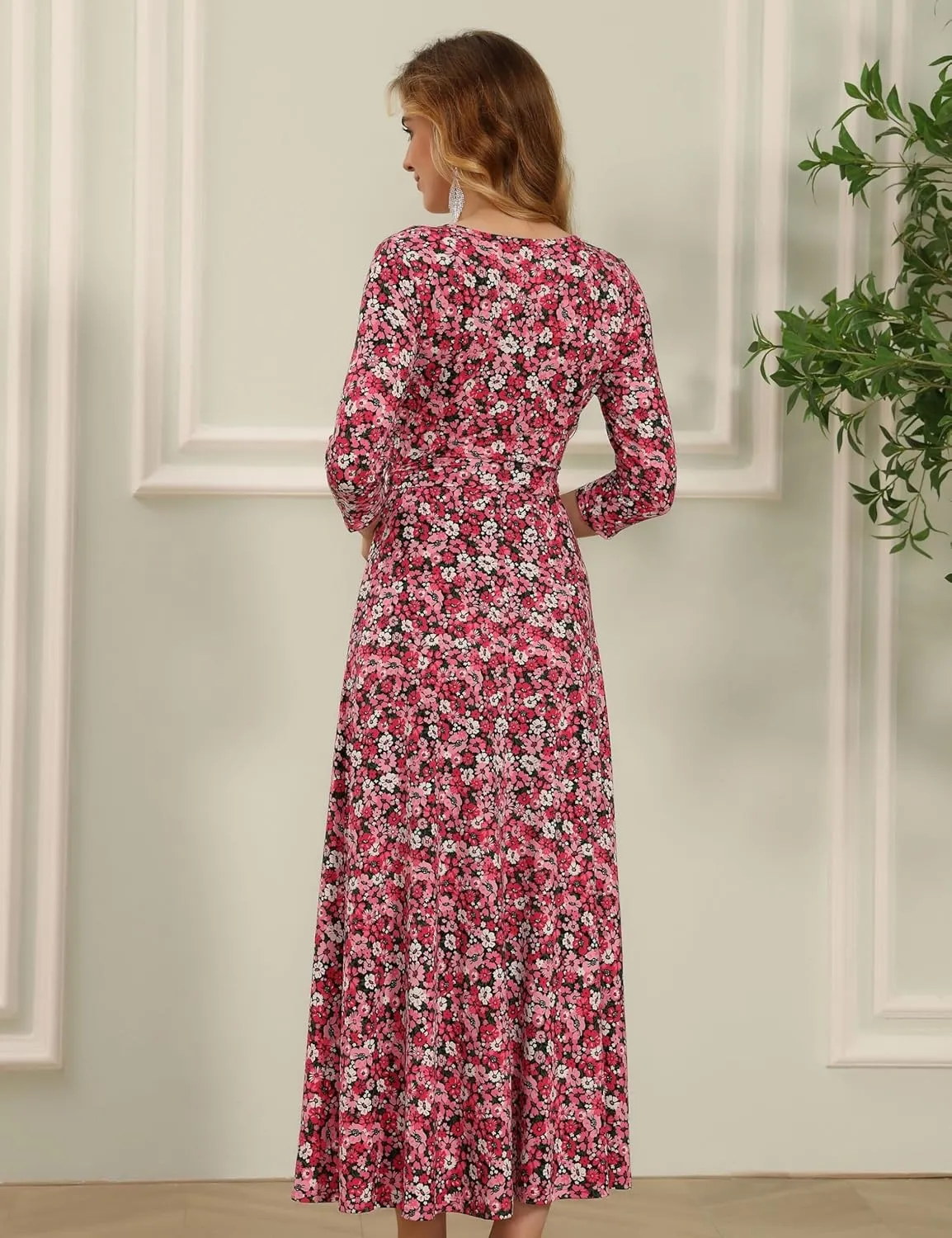 Aphratti Women's Maxi Dresses Summer 3/4 Sleeve V Neck Faux Wrap Flowy Spring Long Floral Maxi Dress