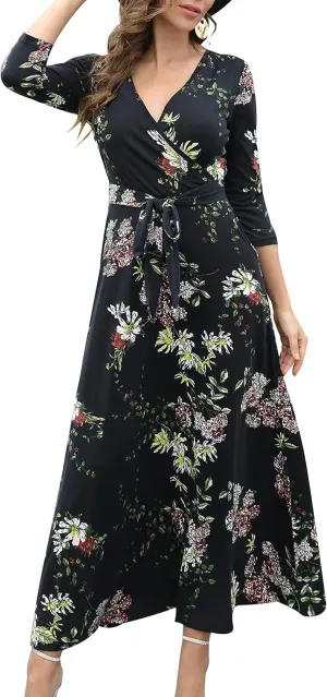 Aphratti Women's Maxi Dresses Summer 3/4 Sleeve V Neck Faux Wrap Flowy Spring Long Floral Maxi Dress