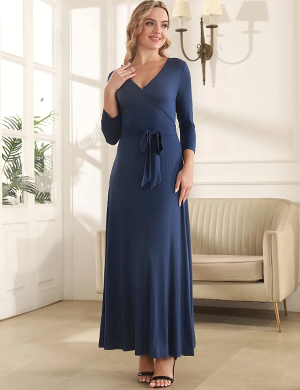 Aphratti Women's Maxi Dresses Summer 3/4 Sleeve V Neck Faux Wrap Flowy Spring Long Floral Maxi Dress
