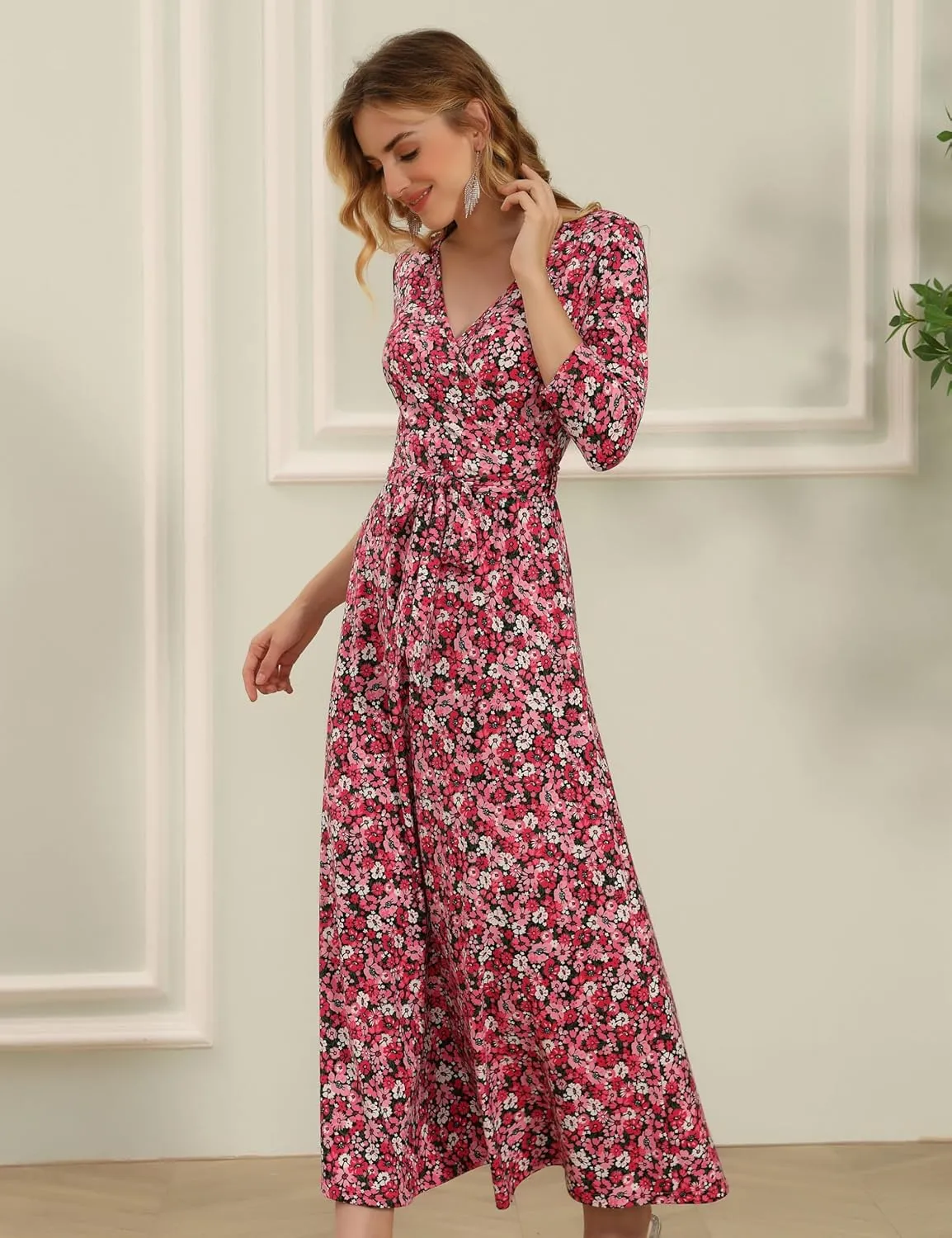 Aphratti Women's Maxi Dresses Summer 3/4 Sleeve V Neck Faux Wrap Flowy Spring Long Floral Maxi Dress