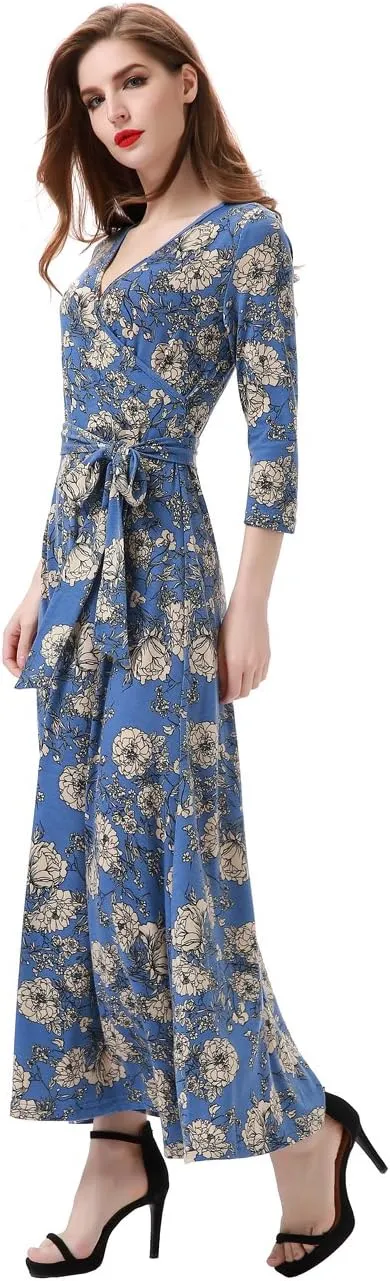Aphratti Women's Maxi Dresses Summer 3/4 Sleeve V Neck Faux Wrap Flowy Spring Long Floral Maxi Dress