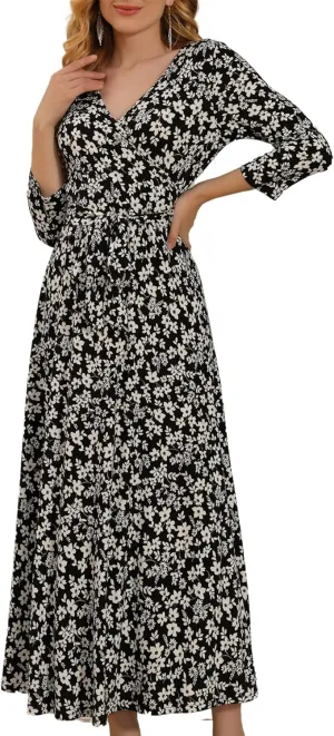 Aphratti Women's Maxi Dresses Summer 3/4 Sleeve V Neck Faux Wrap Flowy Spring Long Floral Maxi Dress