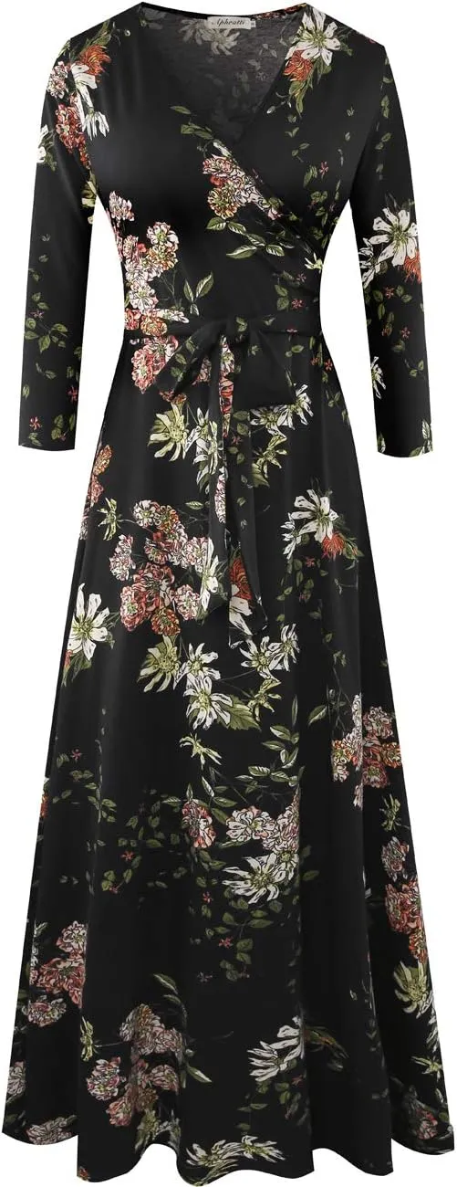 Aphratti Women's Maxi Dresses Summer 3/4 Sleeve V Neck Faux Wrap Flowy Spring Long Floral Maxi Dress