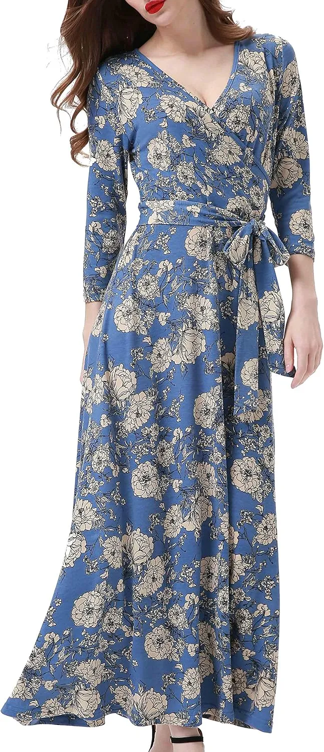 Aphratti Women's Maxi Dresses Summer 3/4 Sleeve V Neck Faux Wrap Flowy Spring Long Floral Maxi Dress
