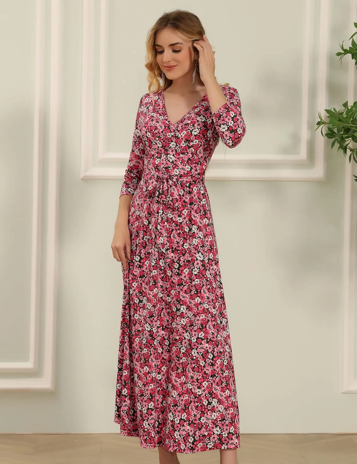 Aphratti Women's Maxi Dresses Summer 3/4 Sleeve V Neck Faux Wrap Flowy Spring Long Floral Maxi Dress