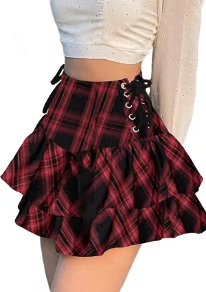 AULKEEP Womens Lace Up Skirts Goth Ruffle Mini Skirt Y2k Black High Waist Skirt Summer Punk Short Skirts