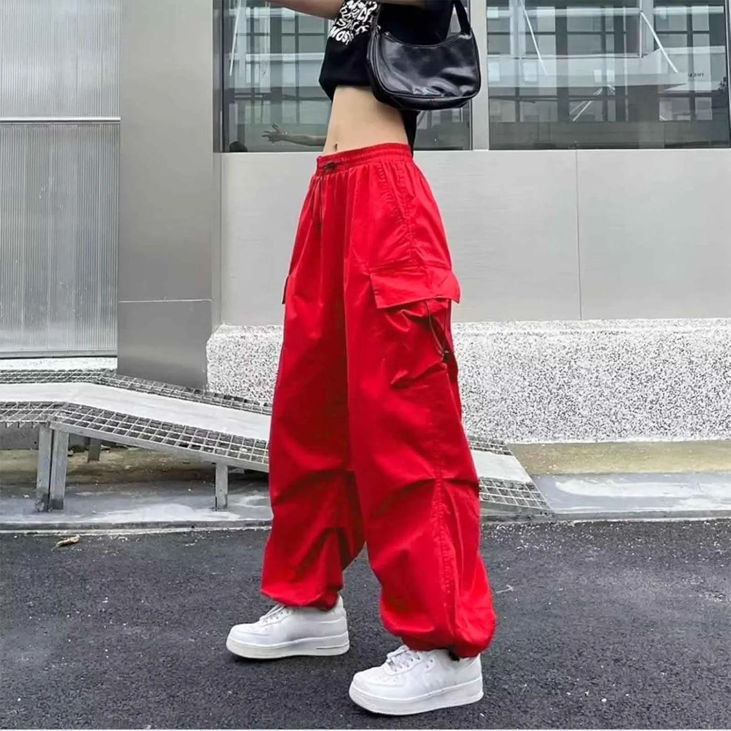 Baggy Parachute Pants for Women Drawstring Elastic High Waist Hip Hop Cargo Pants Multiple Pockets Jogger Y2K Pants