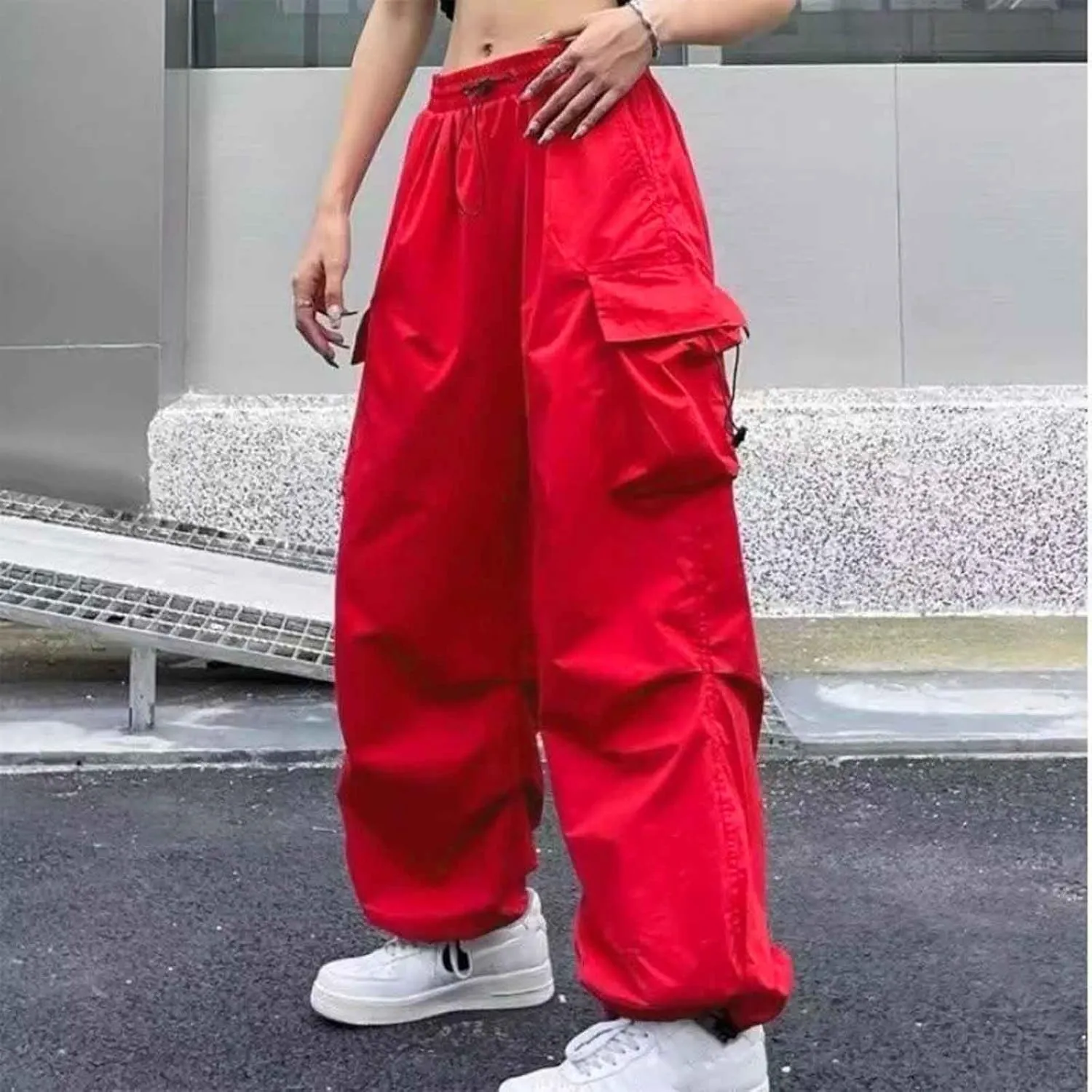 Baggy Parachute Pants for Women Drawstring Elastic High Waist Hip Hop Cargo Pants Multiple Pockets Jogger Y2K Pants
