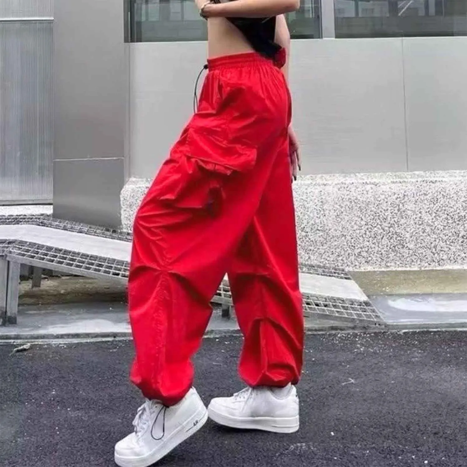 Baggy Parachute Pants for Women Drawstring Elastic High Waist Hip Hop Cargo Pants Multiple Pockets Jogger Y2K Pants