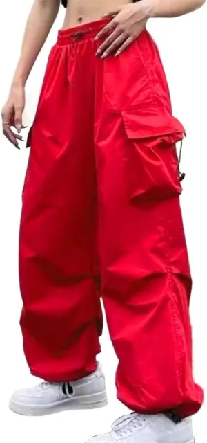 Baggy Parachute Pants for Women Drawstring Elastic High Waist Hip Hop Cargo Pants Multiple Pockets Jogger Y2K Pants
