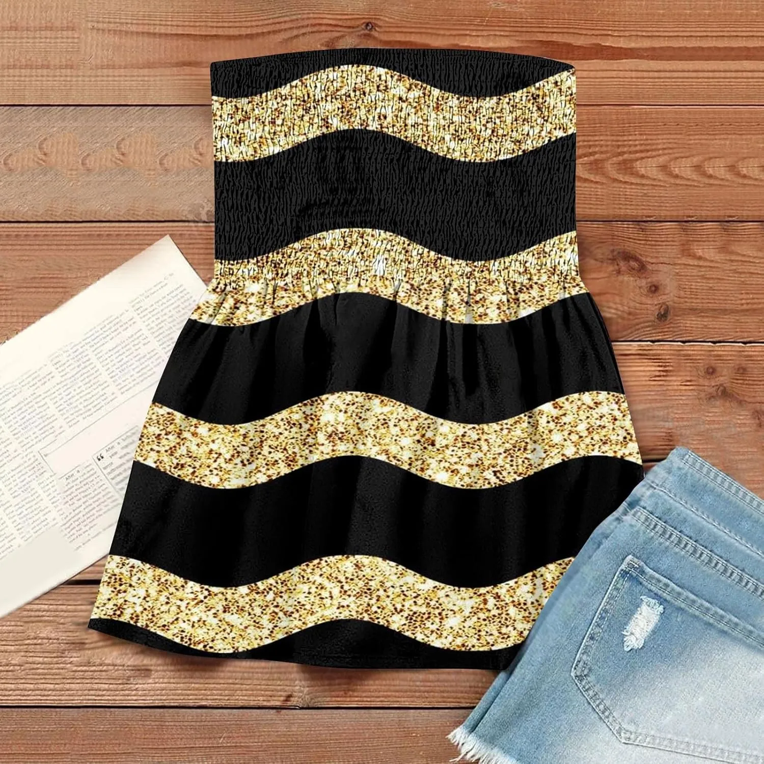 Bandeau Tops for Women Smocked Ruffled Sleeveless Bandeau Floral Print Strapless Tube Tops Business Casual Tanks