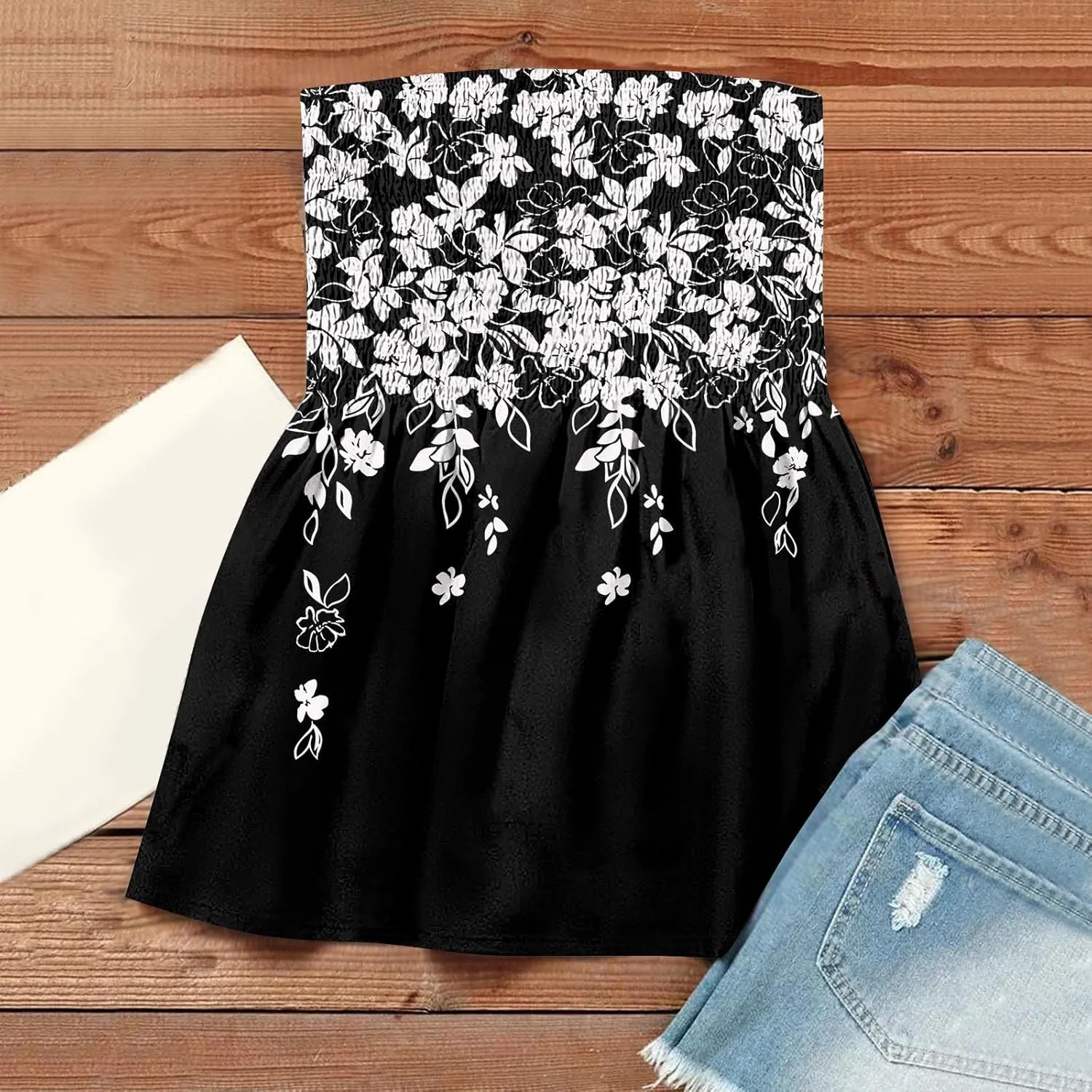 Bandeau Tops for Women Smocked Ruffled Sleeveless Bandeau Floral Print Strapless Tube Tops Business Casual Tanks
