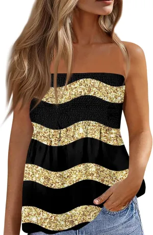 Bandeau Tops for Women Smocked Ruffled Sleeveless Bandeau Floral Print Strapless Tube Tops Business Casual Tanks