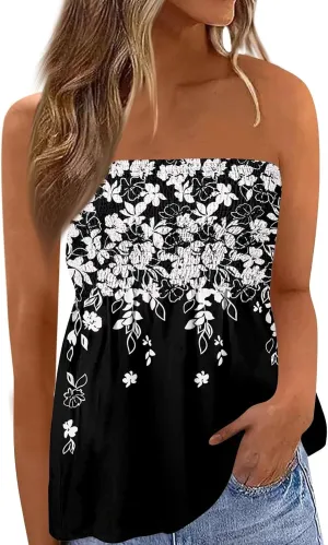Bandeau Tops for Women Smocked Ruffled Sleeveless Bandeau Floral Print Strapless Tube Tops Business Casual Tanks