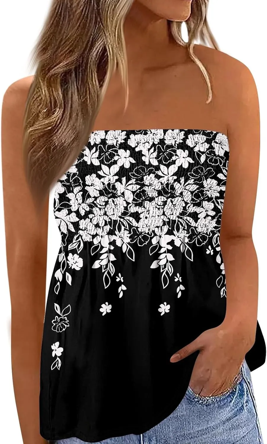 Bandeau Tops for Women Smocked Ruffled Sleeveless Bandeau Floral Print Strapless Tube Tops Business Casual Tanks