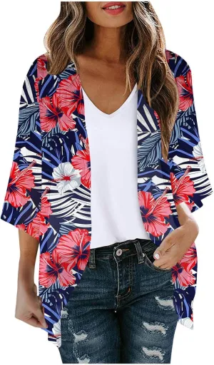 Beach Coverups for Women Floral Printed 3/4 Sleeve Kimono Loose Open Front Cardigan Summer Vacation Outfits