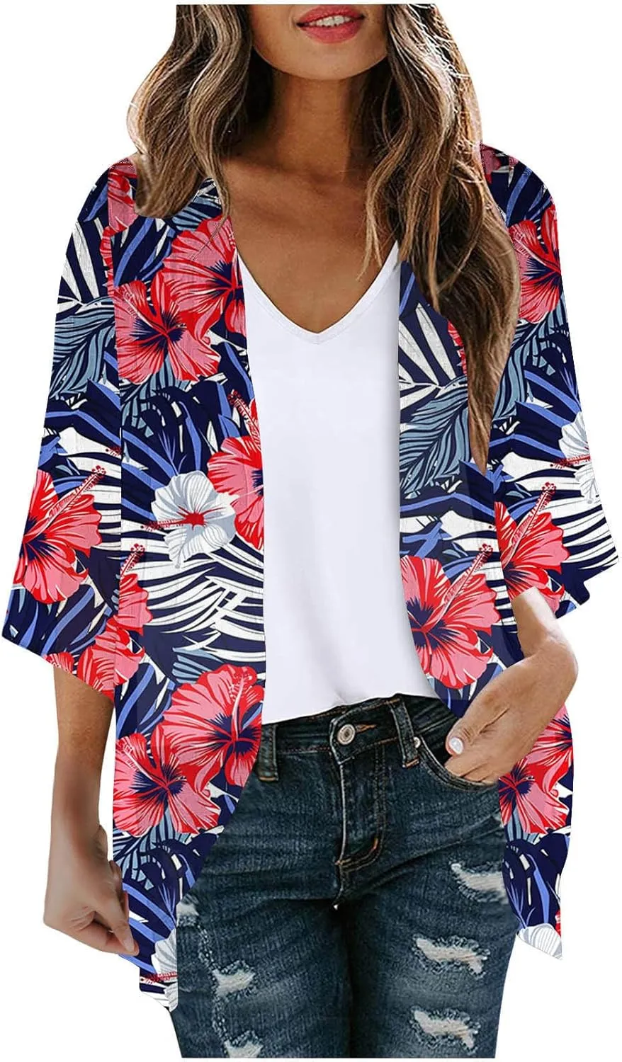 Beach Coverups for Women Floral Printed 3/4 Sleeve Kimono Loose Open Front Cardigan Summer Vacation Outfits