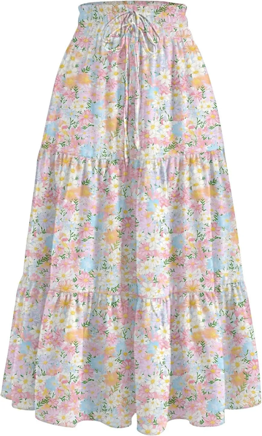 Boho Floral Midi Skirt for Women Summer Comfy Tiered Elastic High Waisted Vacation A-Line Flowy Swing Long