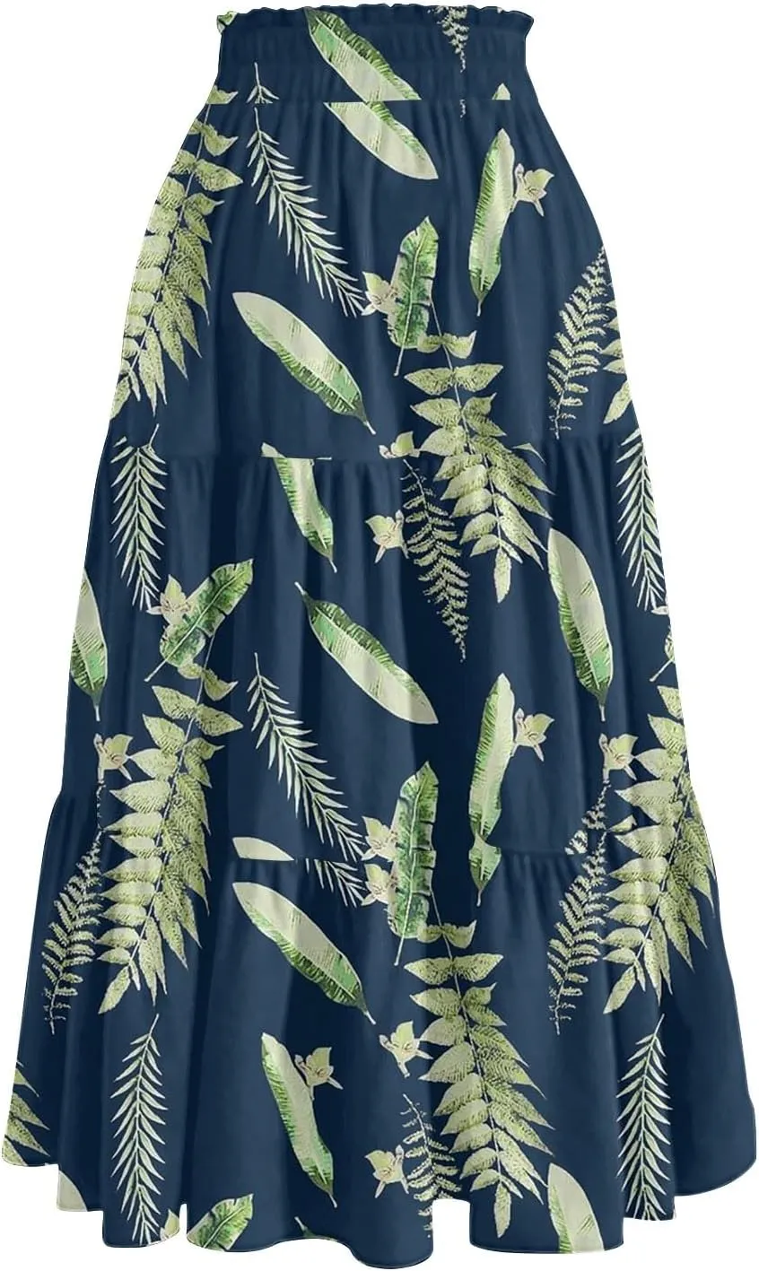 Boho Floral Midi Skirt for Women Summer Comfy Tiered Elastic High Waisted Vacation A-Line Flowy Swing Long