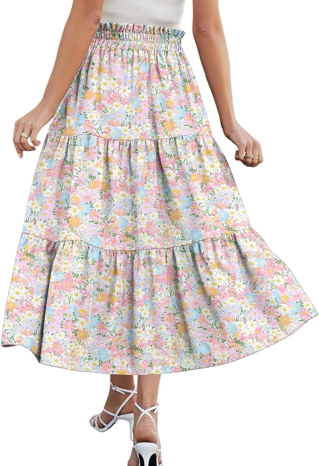 Boho Floral Midi Skirt for Women Summer Comfy Tiered Elastic High Waisted Vacation A-Line Flowy Swing Long