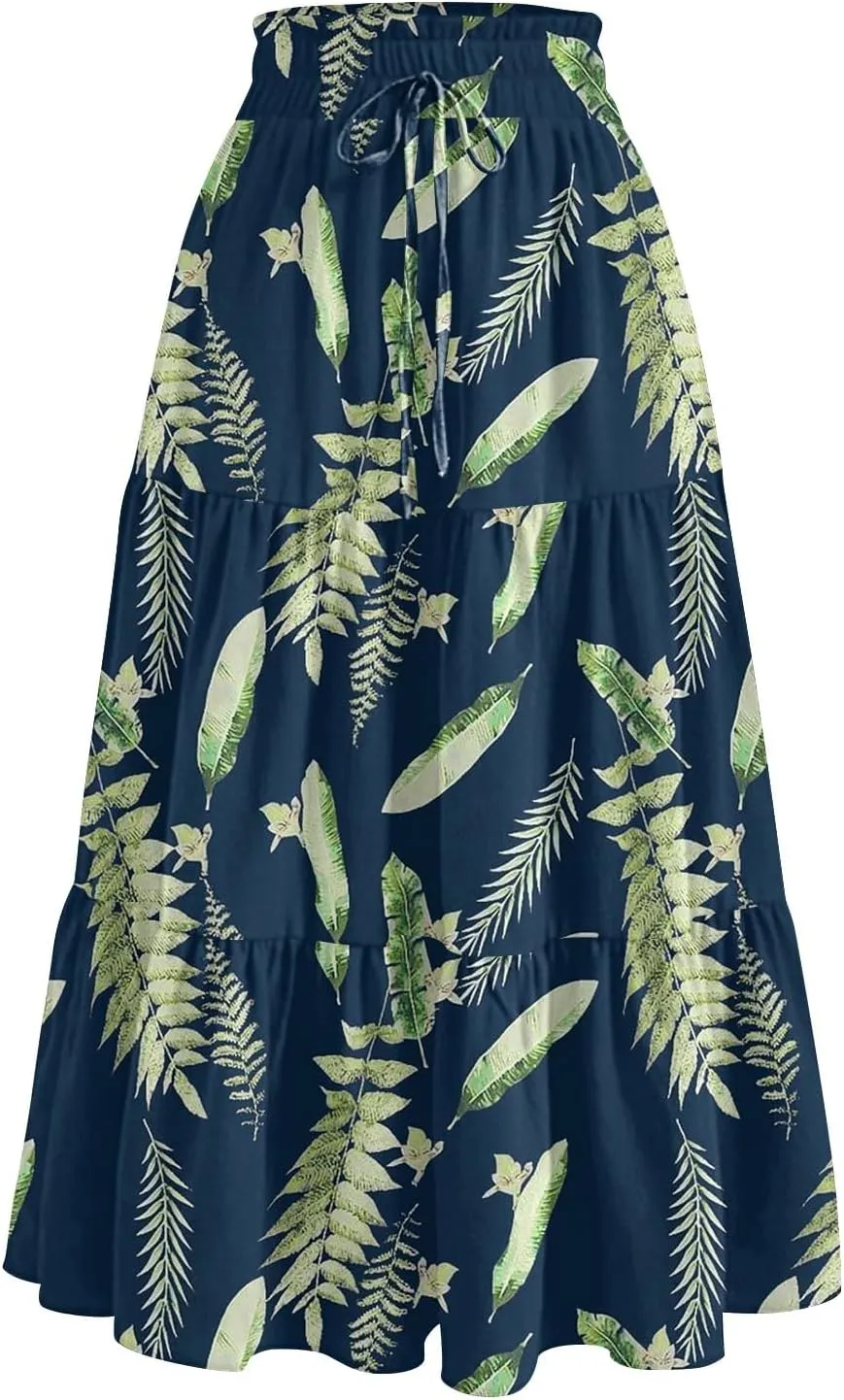 Boho Floral Midi Skirt for Women Summer Comfy Tiered Elastic High Waisted Vacation A-Line Flowy Swing Long