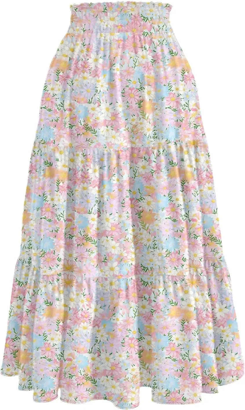 Boho Floral Midi Skirt for Women Summer Comfy Tiered Elastic High Waisted Vacation A-Line Flowy Swing Long