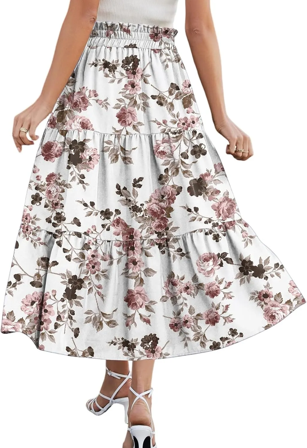 Boho Floral Midi Skirt for Women Summer Comfy Tiered Elastic High Waisted Vacation A-Line Flowy Swing Long