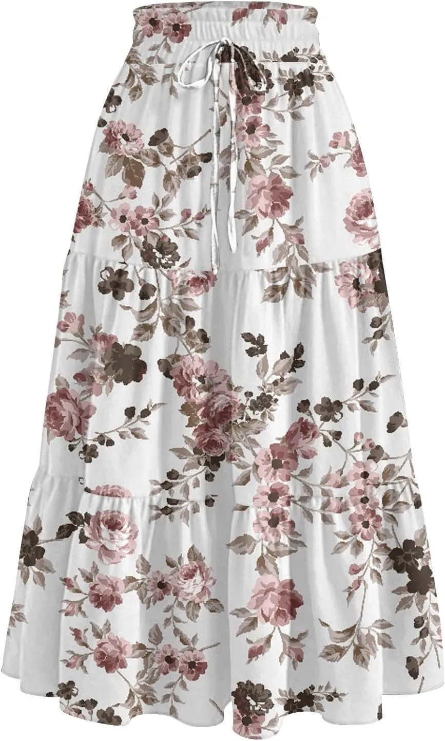 Boho Floral Midi Skirt for Women Summer Comfy Tiered Elastic High Waisted Vacation A-Line Flowy Swing Long