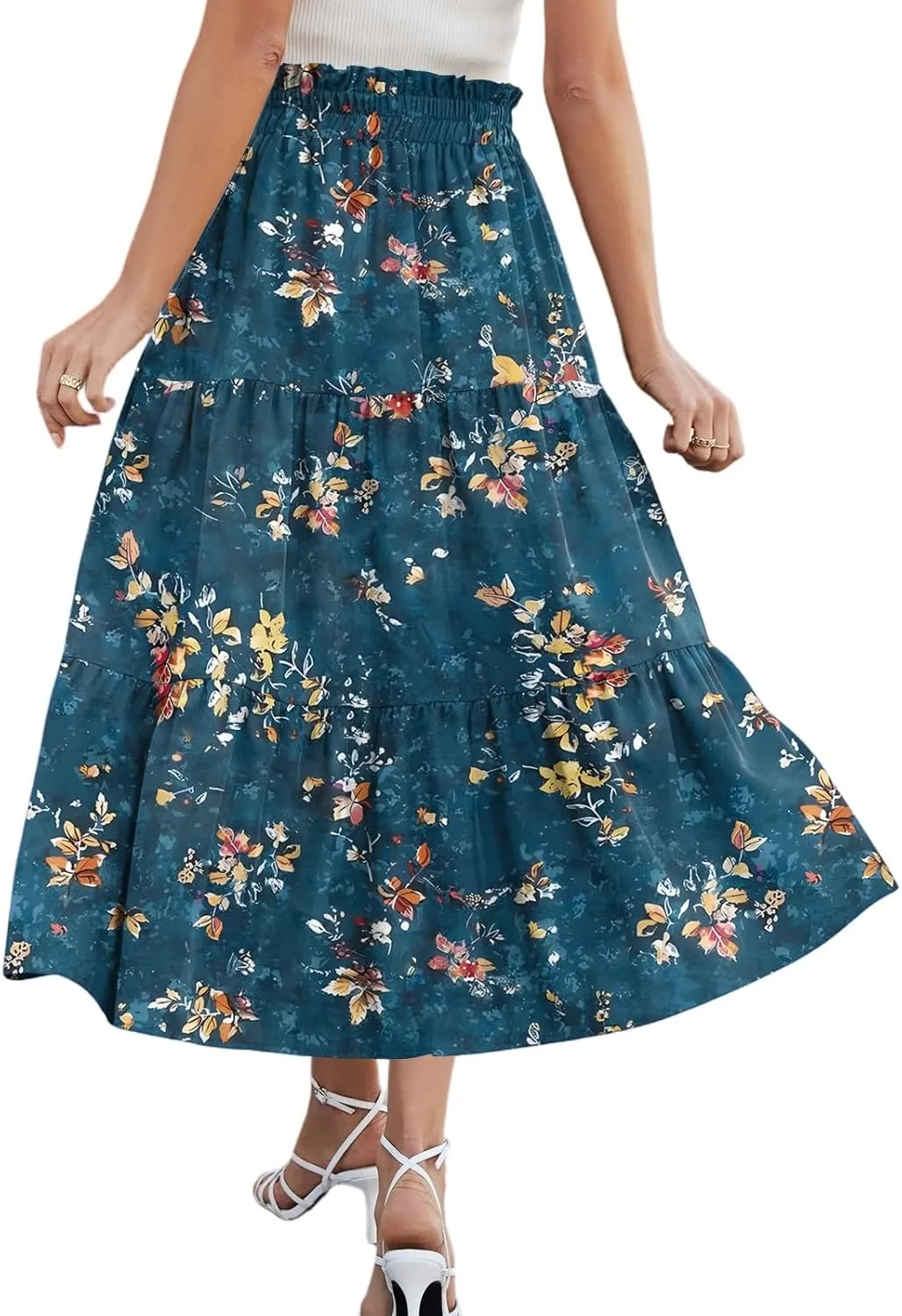 Boho Floral Midi Skirt for Women Summer Comfy Tiered Elastic High Waisted Vacation A-Line Flowy Swing Long