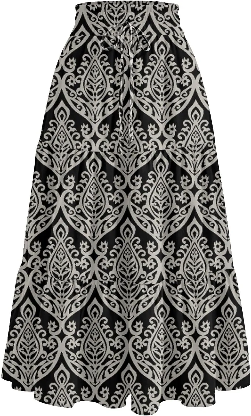 Boho Floral Midi Skirt for Women Summer Comfy Tiered Elastic High Waisted Vacation A-Line Flowy Swing Long