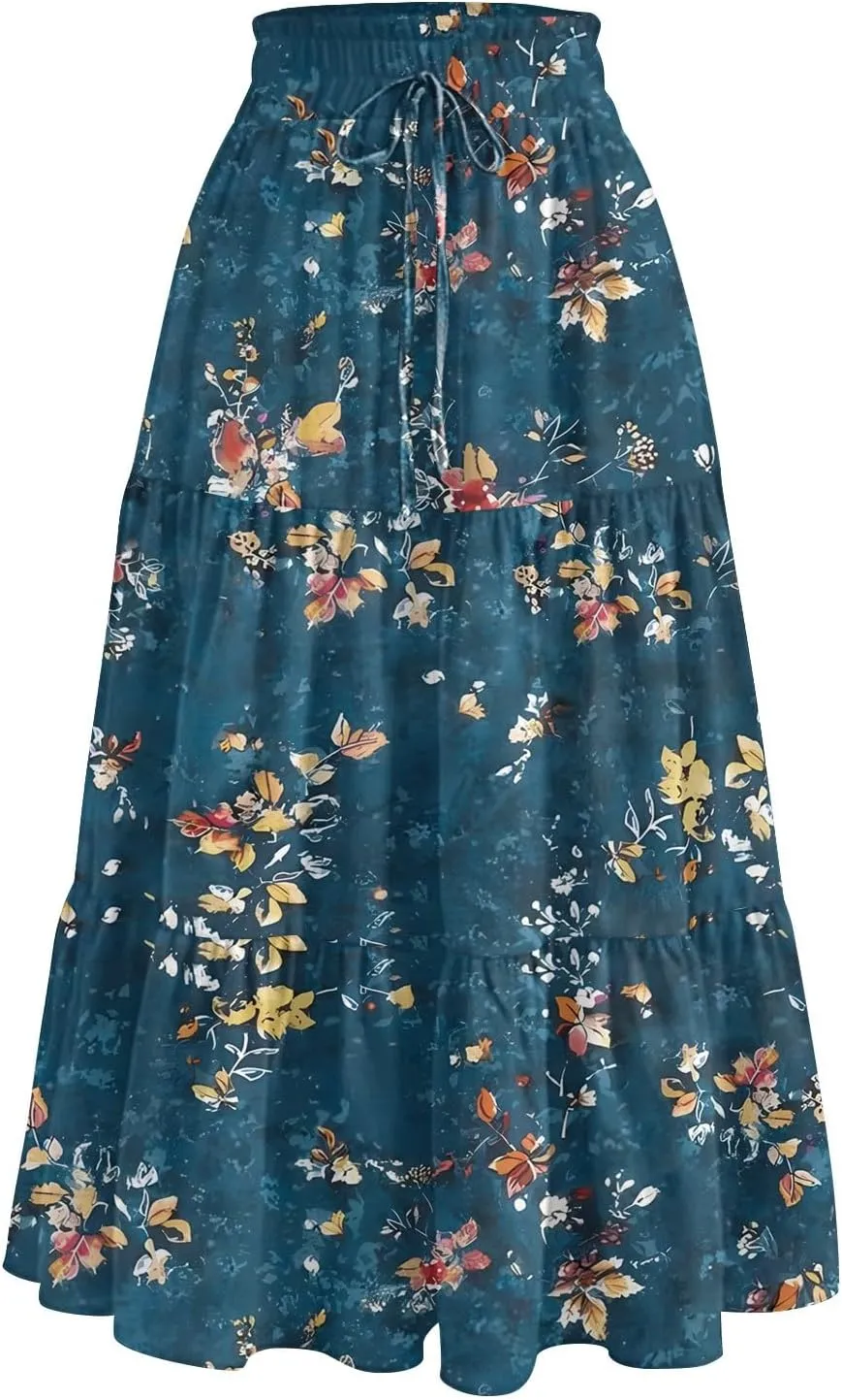 Boho Floral Midi Skirt for Women Summer Comfy Tiered Elastic High Waisted Vacation A-Line Flowy Swing Long