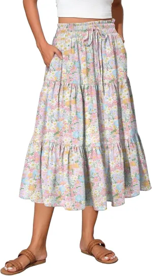 Boho Floral Midi Skirt for Women Summer Comfy Tiered Elastic High Waisted Vacation A-Line Flowy Swing Long