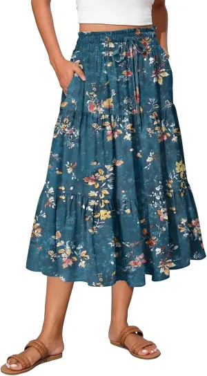 Boho Floral Midi Skirt for Women Summer Comfy Tiered Elastic High Waisted Vacation A-Line Flowy Swing Long