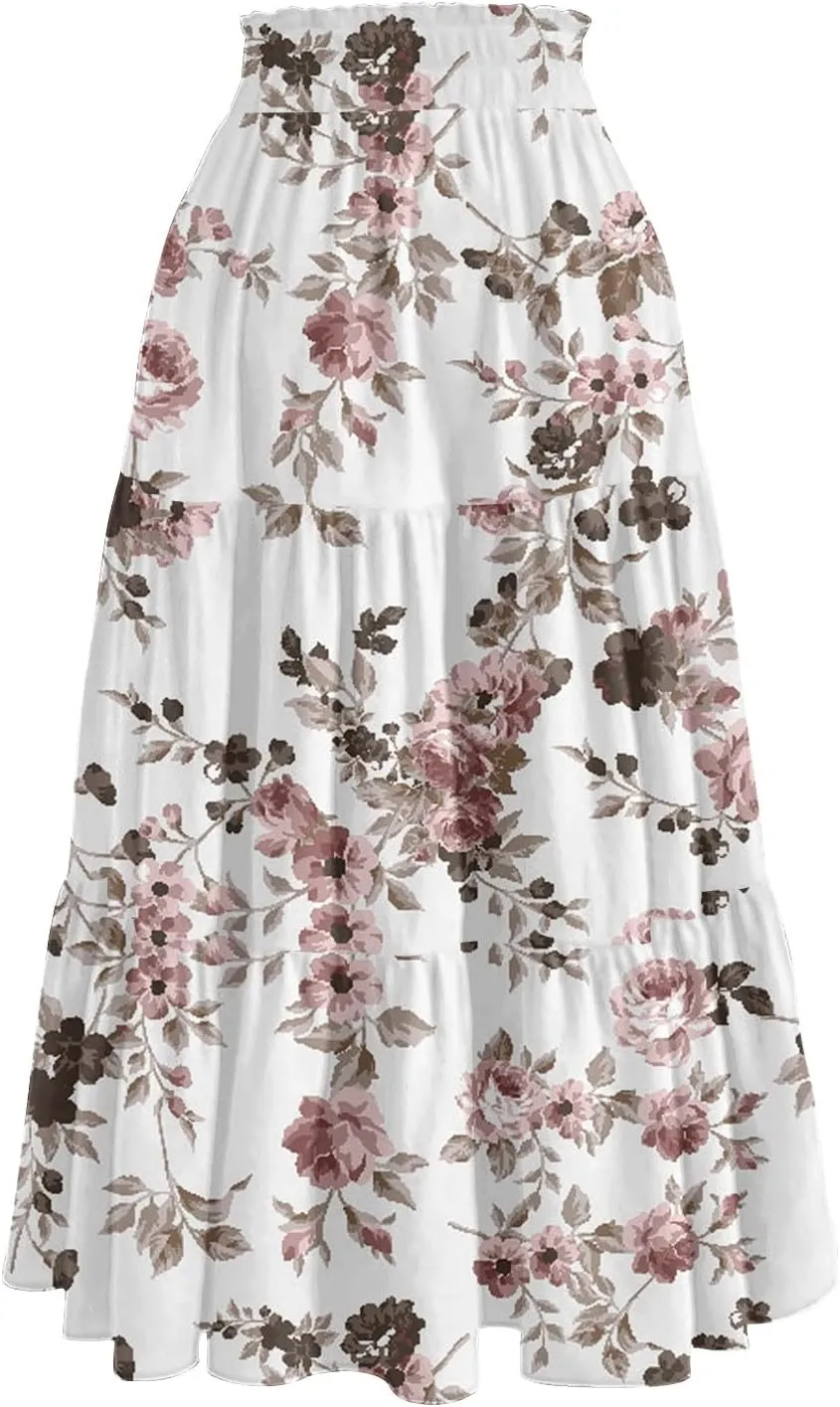 Boho Floral Midi Skirt for Women Summer Comfy Tiered Elastic High Waisted Vacation A-Line Flowy Swing Long