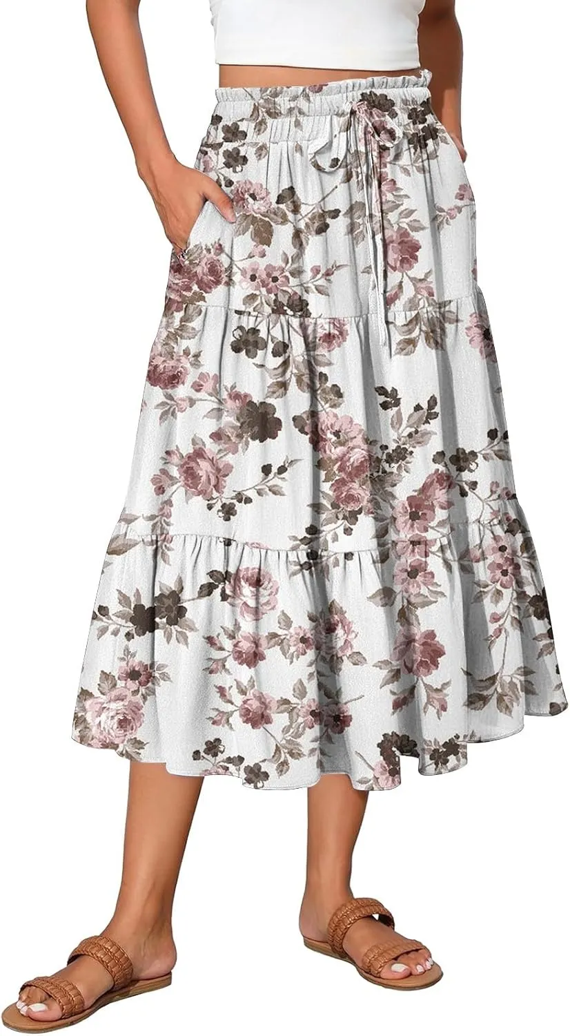 Boho Floral Midi Skirt for Women Summer Comfy Tiered Elastic High Waisted Vacation A-Line Flowy Swing Long