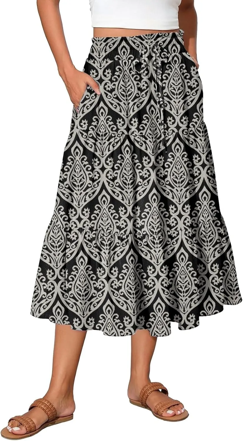 Boho Floral Midi Skirt for Women Summer Comfy Tiered Elastic High Waisted Vacation A-Line Flowy Swing Long