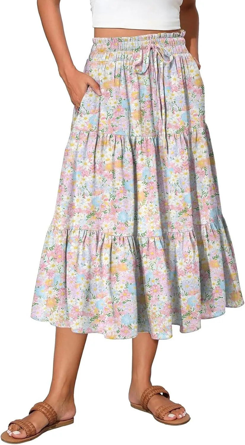 Boho Floral Midi Skirt for Women Summer Comfy Tiered Elastic High Waisted Vacation A-Line Flowy Swing Long