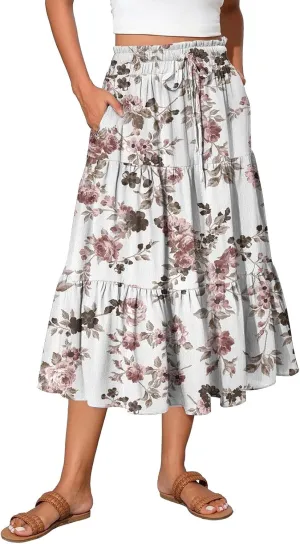 Boho Floral Midi Skirt for Women Summer Comfy Tiered Elastic High Waisted Vacation A-Line Flowy Swing Long